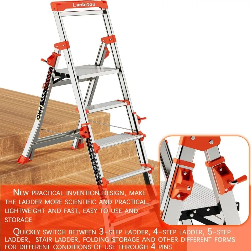 Aluminum 5 Step Ladder with Handrails, Anti-Slip Wide Pedal, Tool Platform, Folding Step Ladders