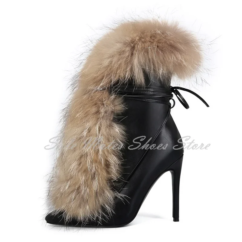 

Punk Style Black Pointed Toe Real Fur Modern Boots Lace Up Stiletto High Heels Sexy Snow Boots for Women Elegant Mid Calf Boots