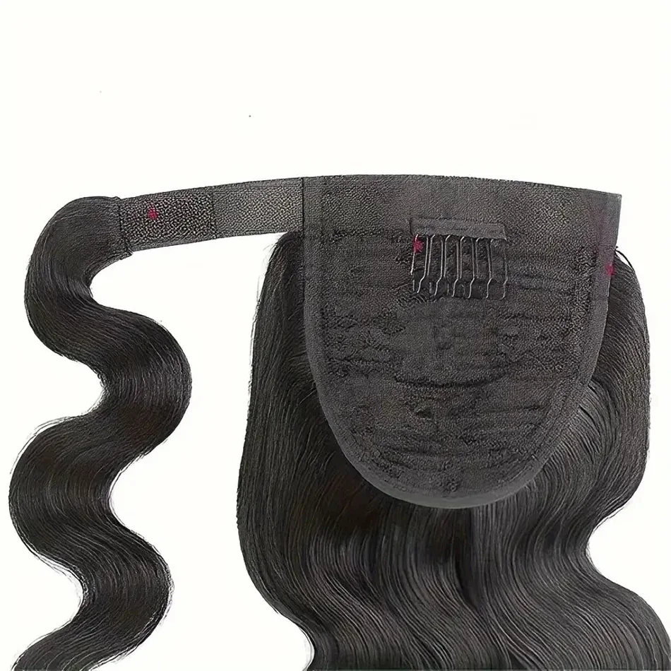 Long Wavy Ponytail Extensions Body Wave Wrap Around Magic Paste Hair Ponytail Clip in Human Hair pieces for Women Girls Natural