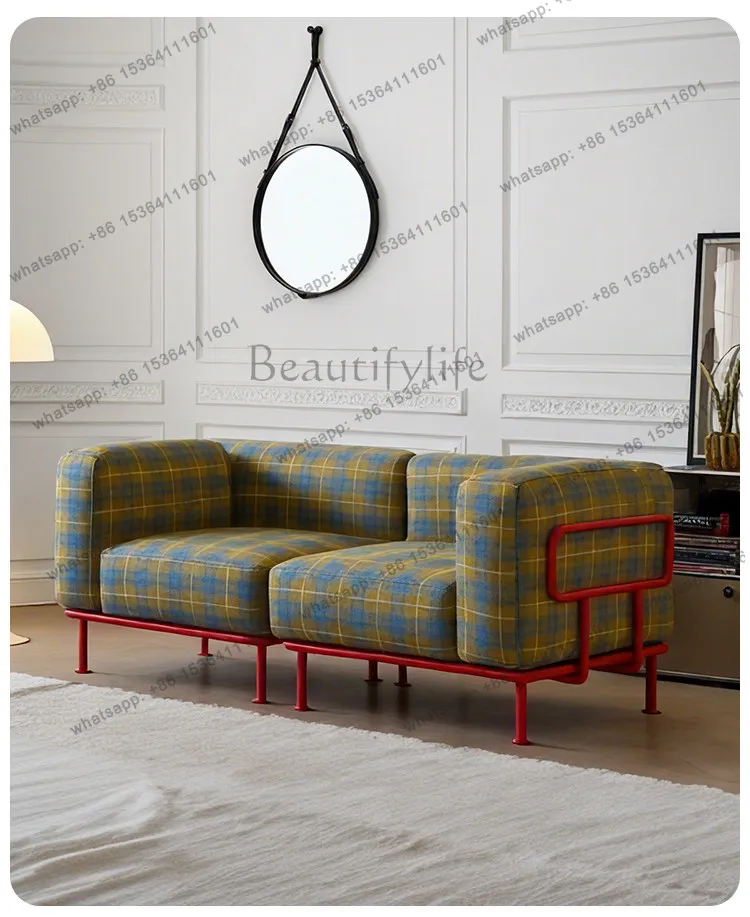 French cream wind small apartment module reception cotton and linen plaid dopamine sofa
