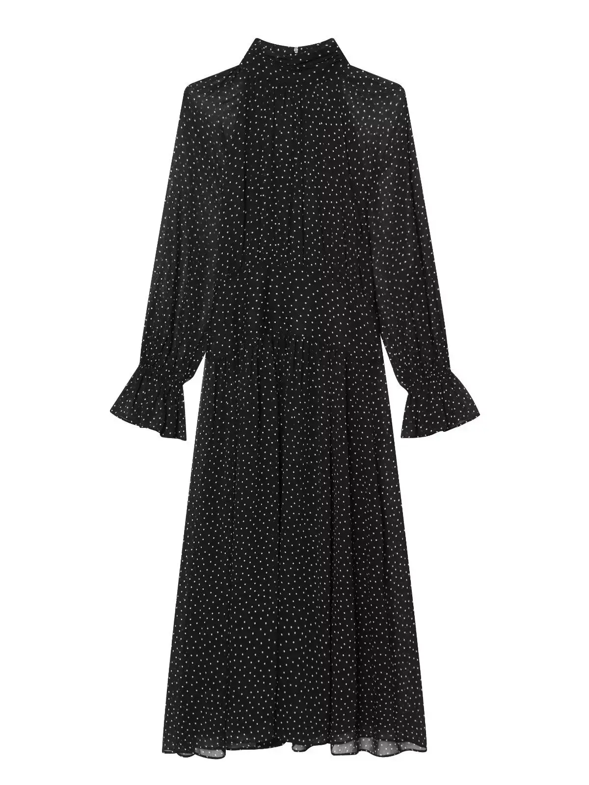 Lente- en zomercollectie: minimalistische damesjurk met polkadotprint, hoge hals, lange mouwen en geplooide decoratieve details - afbeelding 2