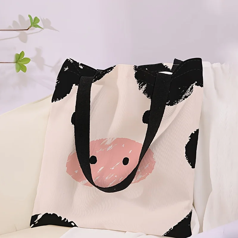 

Cartoon Cow Print Handbag - Reusable Polyester Shopping Bag, Lightweight High-Quality Casual Handbag, Reusable Shopping Bags