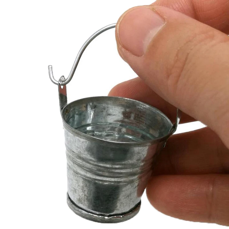 2Pcs/set 1:12 Dollhouse Miniature Metal Fishing Rod Model + Water Bucket