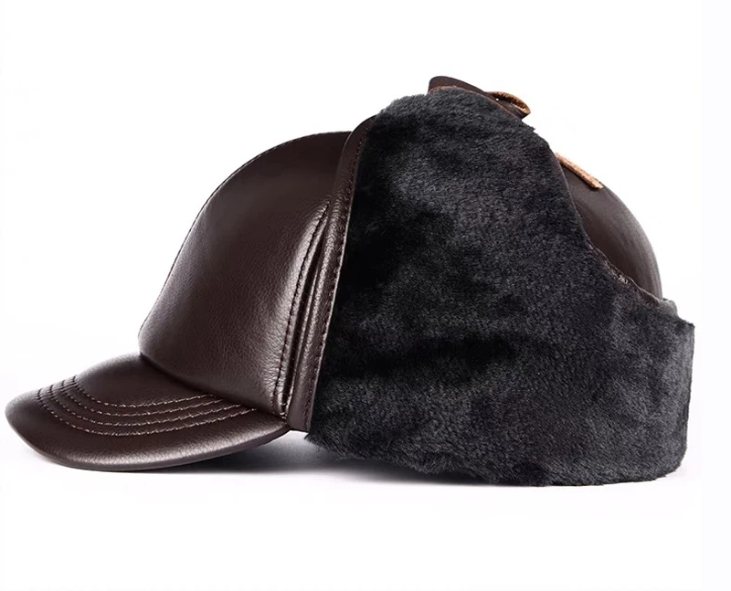 Winter Warm Ear Protection Bomber Hat Man Real Leather Cowhide Faux Fur Military Cap Inside Black Brown 55-60cm Gorras Fur Hat