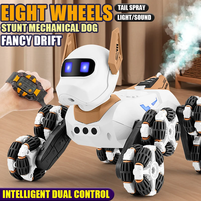 Rc Stunt Car 8-Wheel Mechanical Robot Dog with Lights Spray for Kids Remote Gesture Sensing Control Electronic Pet Toy Car