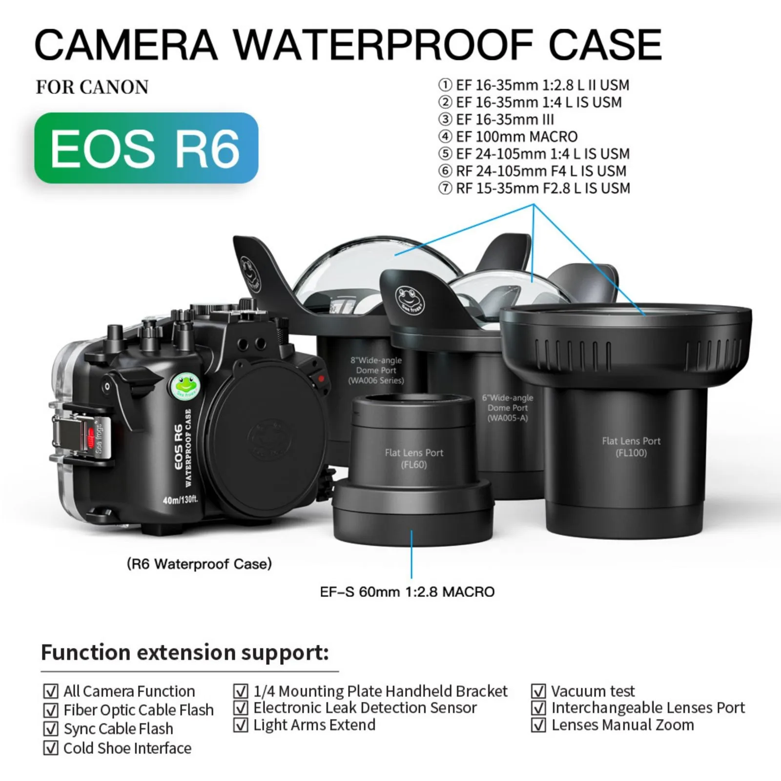 Freerrogs水中カメラハウジング、canon eos r6、40m、130ft、w005aドームポート