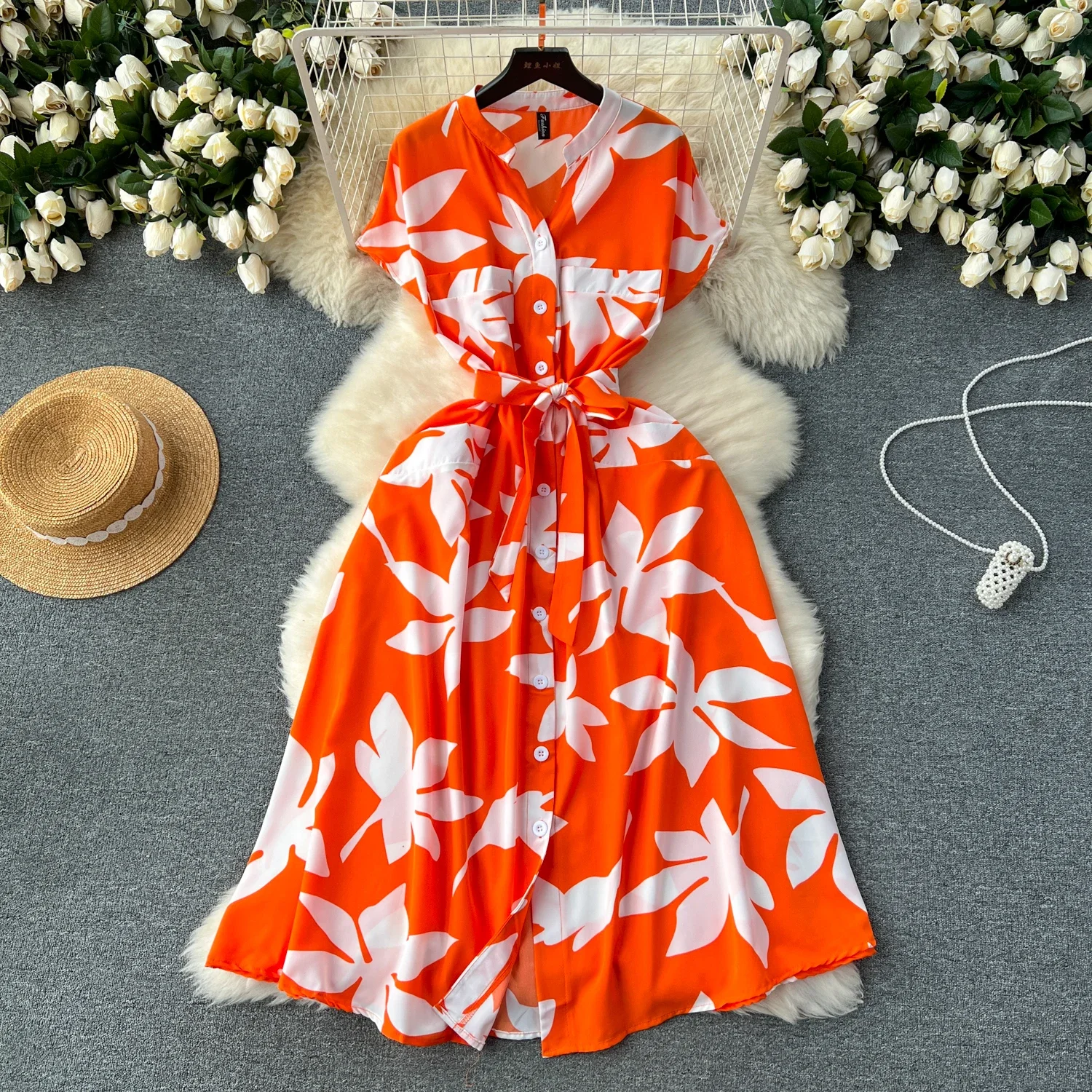 Summer Women Printed Midi Dress Vintage V-Neck Bandage Vestidos Female Elegant Pockets Single Breasted Robe Beach Vacation New