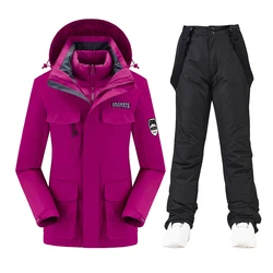 Ski Suit Women Winter Waterproof Thicken Warm Hooded Windproof Down Jacket Snow Pants Outdoor Snowboard Wear Set Female Overalls