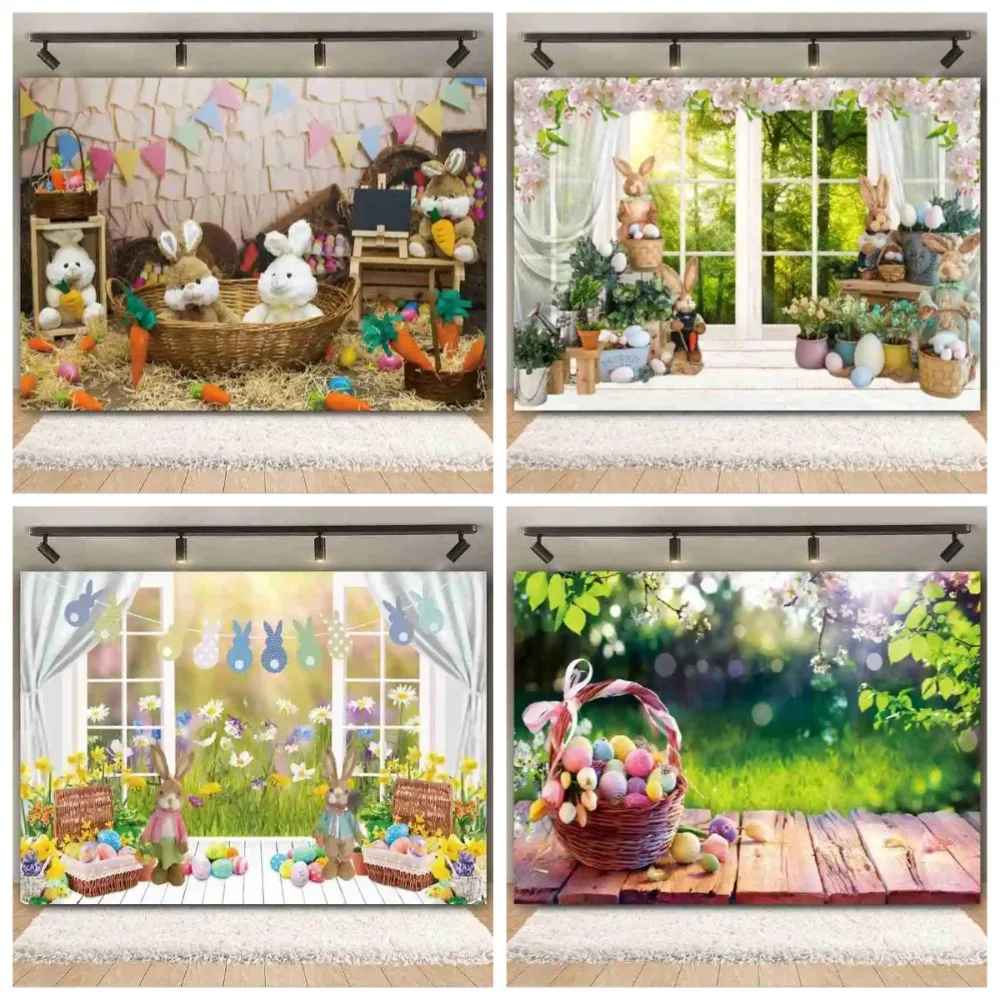 

Spring Easter Garden Rabbit Easter Egg Background Photography, Flower Wood Board Baby Portrait Decoration Photography Background