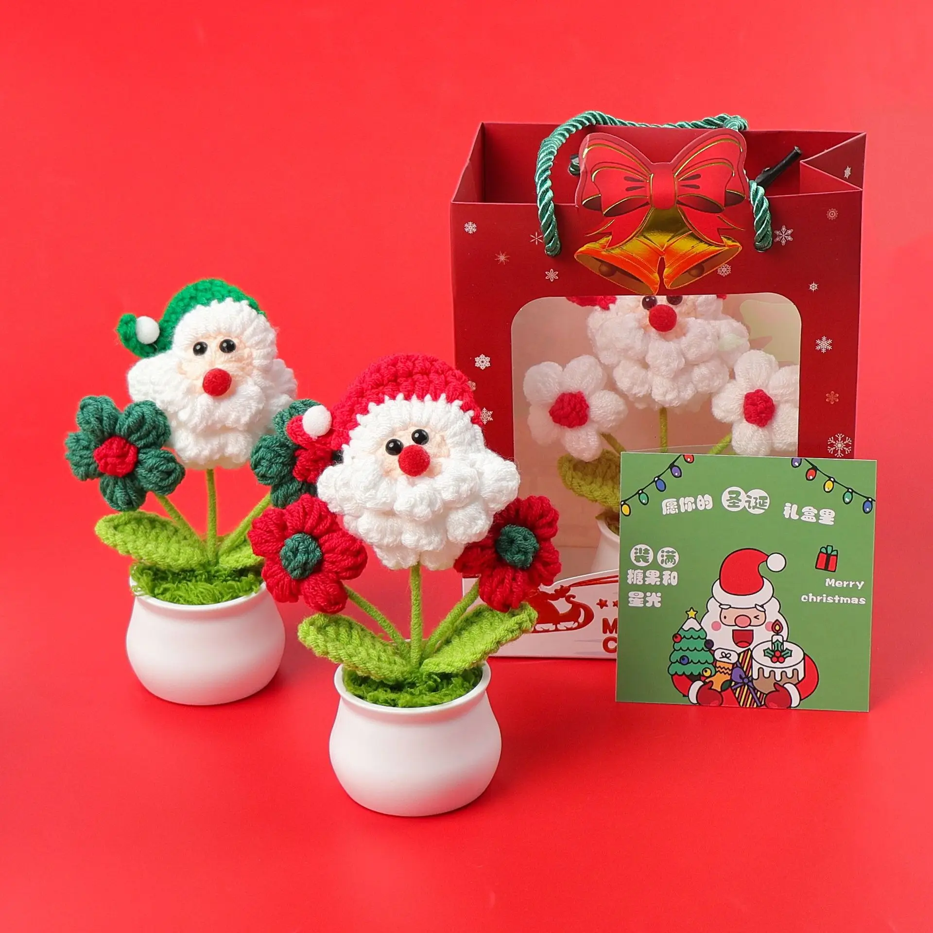 Funny Handmade Crochet Santa Claus Potted Plant Desktop Ornament Christmas Home Decoration Wool Knitted Flower Potted Room Decor
