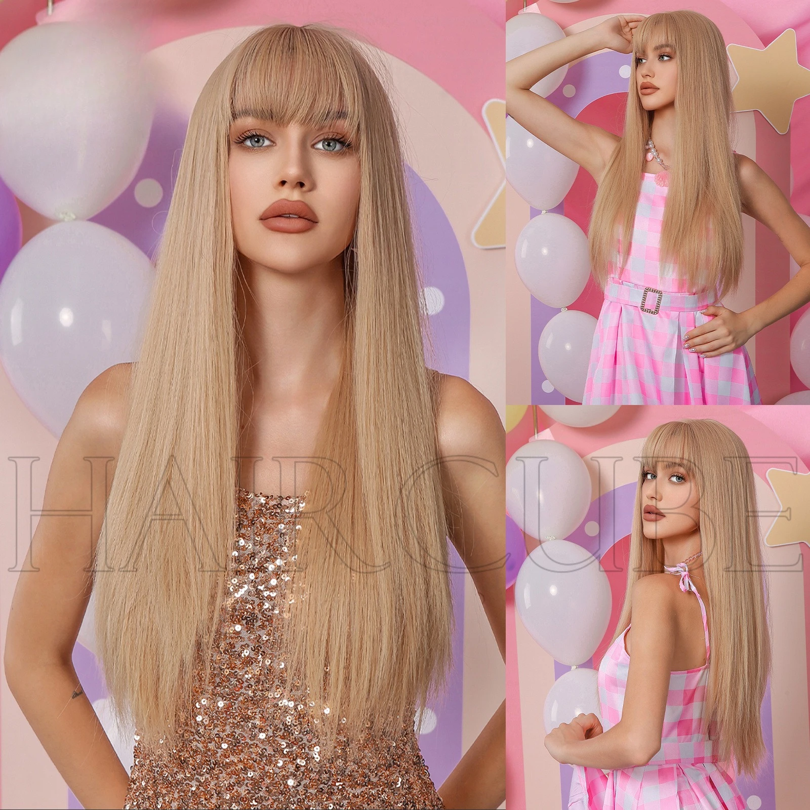 

Barbie Barbie, mechanism new Qi bangs light gold long straight hair wig