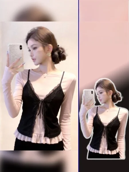 

Комплект модной одежды больших размеров: топ и брюки, новинка весенней коллекции, нижнее белье, базовая футболка, майка, комплект из двух предметов, дышащий, с длинным рукавом, рукаавы-реглан.