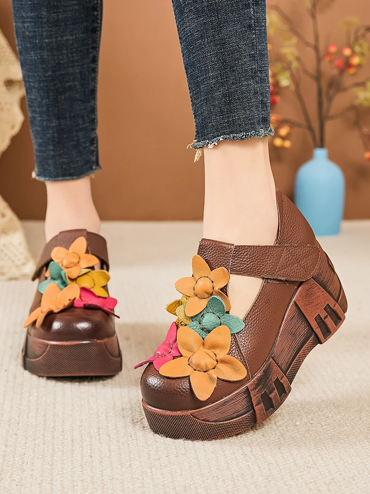 

Birkuir Retro Thick Heel 5 Flowers Wedges Shoes Women Hook Loop Shoes Luxury Mixed Colors Genuine Leather 7cm High Heel Shoes