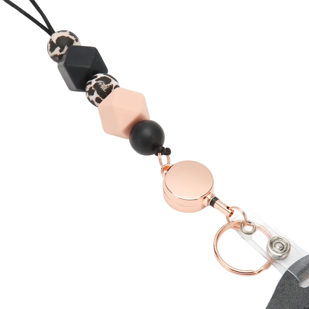 Retractable Silicone Beaded Lanyard Flesh Pink/Pink/Purple/Grey PU Material ID Badge Holder with Lanyard Silicone Beaded