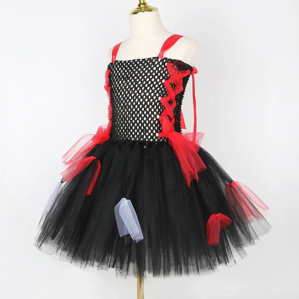 Scary Vampire Zombie Costume for Kids Halloween Tutu Dress Set Black Red Toddler Girls Carnival Party Fancy Tulle Dresses Outfit