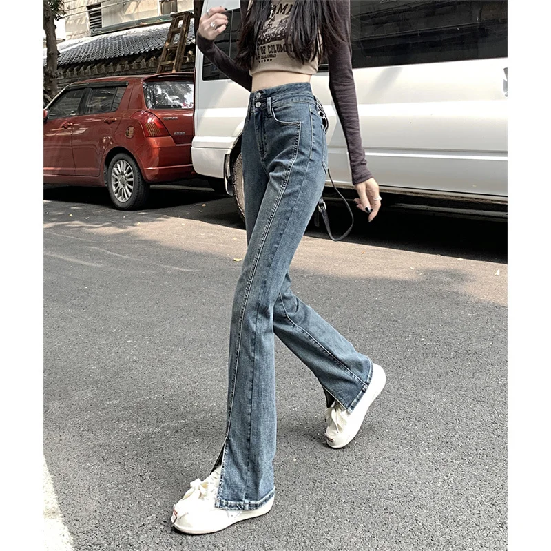 

Расклешенные джинсы, женские брюки, эластичные облегающие джинсовые модные Y2K с высокой талией, синие, эстетичные, в корейском стиле, универсальные, повседневные, уличные