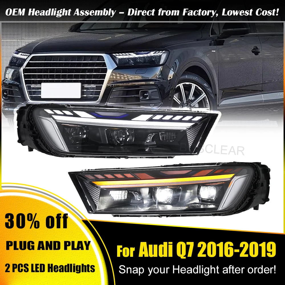 

2 шт., высококачественные светодиодные фары в сборе для Audi Q7, обновление 2016-2019, светодиодные фары в стиле 2025 года, воспроизведение и подключение