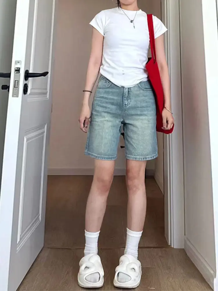 

Джинсовые шорты с высокой талией, широкие, летние, тонкие, утягивающие, маленький размер, до середины икры, модные, свободные, универсальные, в стиле INS