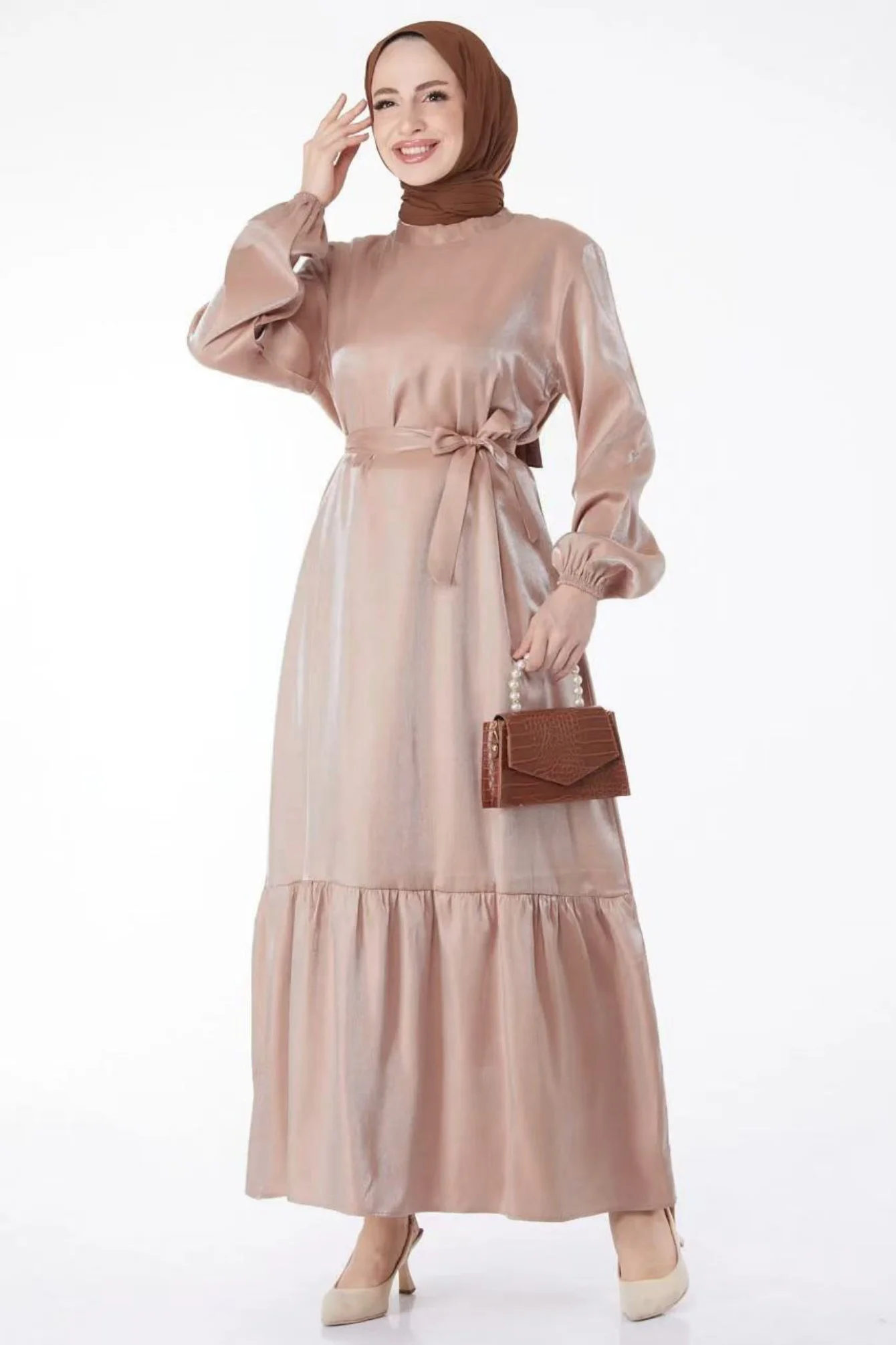 Solid color ruffled Hem Design Lace-up long-sleeved fashion dress with belt)