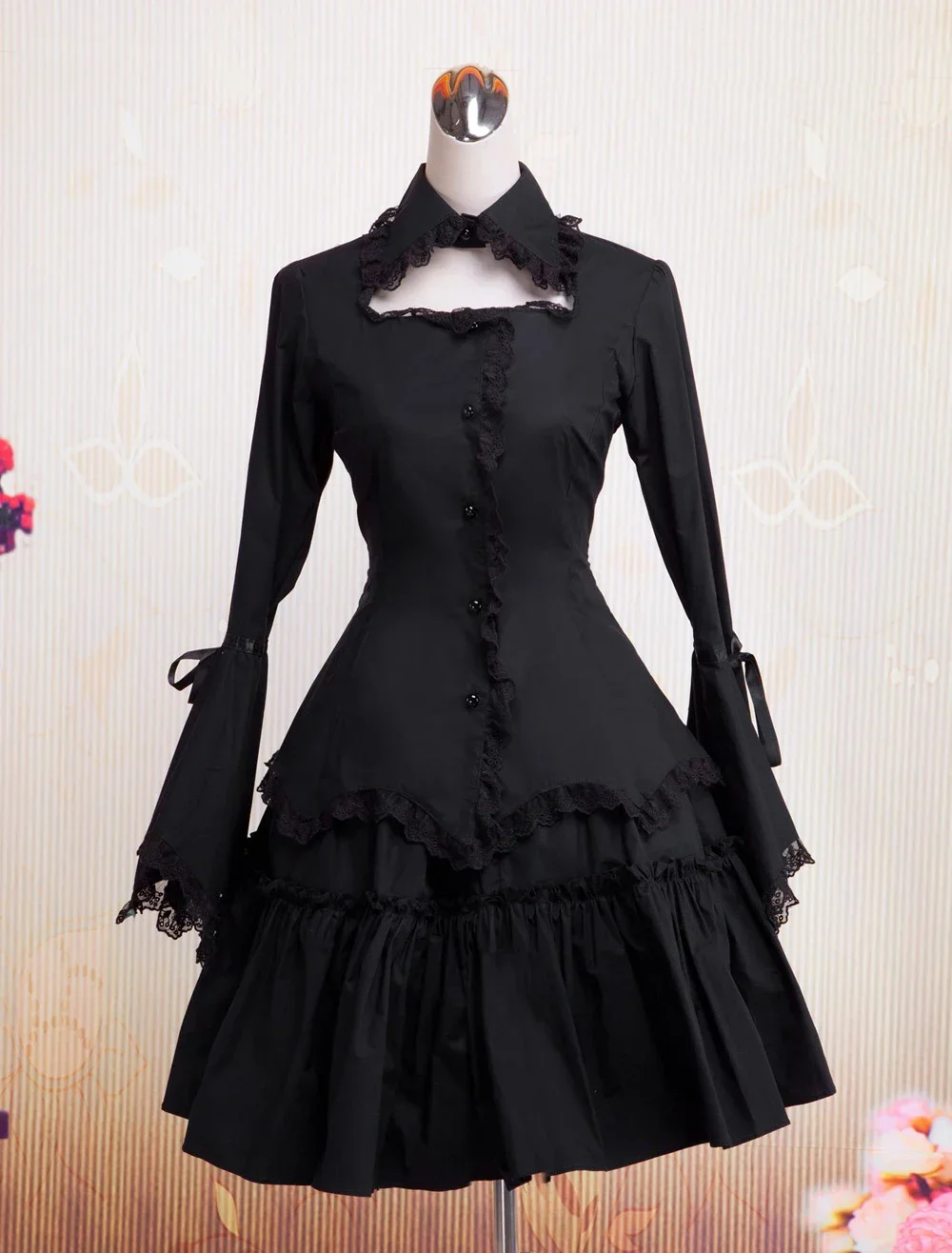 

Gothic Lolita Dress Black Long Hime Sleeves Ruffles Lace Trim Cotton Lolita Shirt and Skirt Two-Piece Clothing