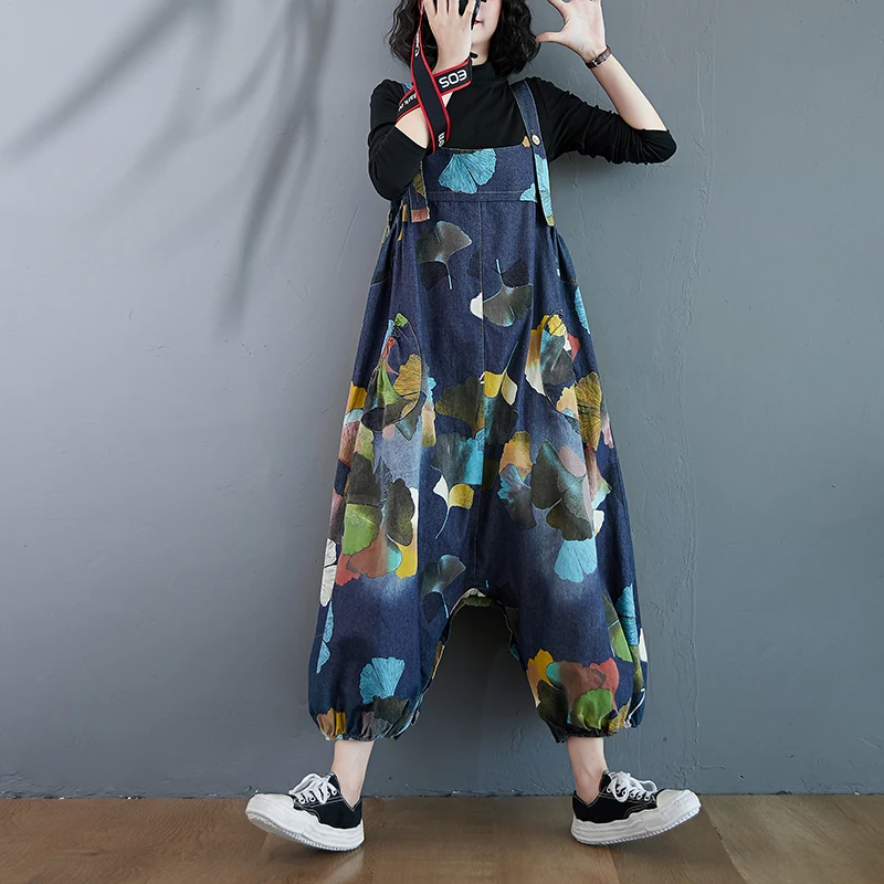 Nuovo 2025 Salopette di jeans ampia taglie forti da donna Pantaloni larghi alla moda Effetto dimagrante Vestibilità comoda Stampa floreale Pendolari Sle