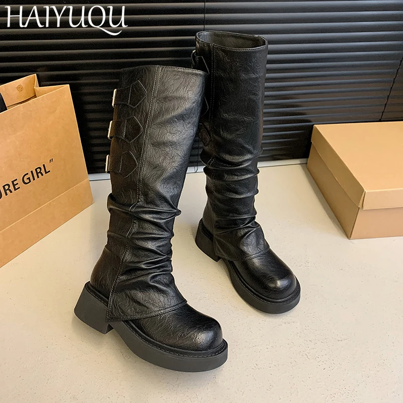 

Women High Boots Chunky Leather Pleated Shoes Woman 2024 Trend Desigenr Snow Chelsea Boots Winter New Mujer Motorcycle Boots