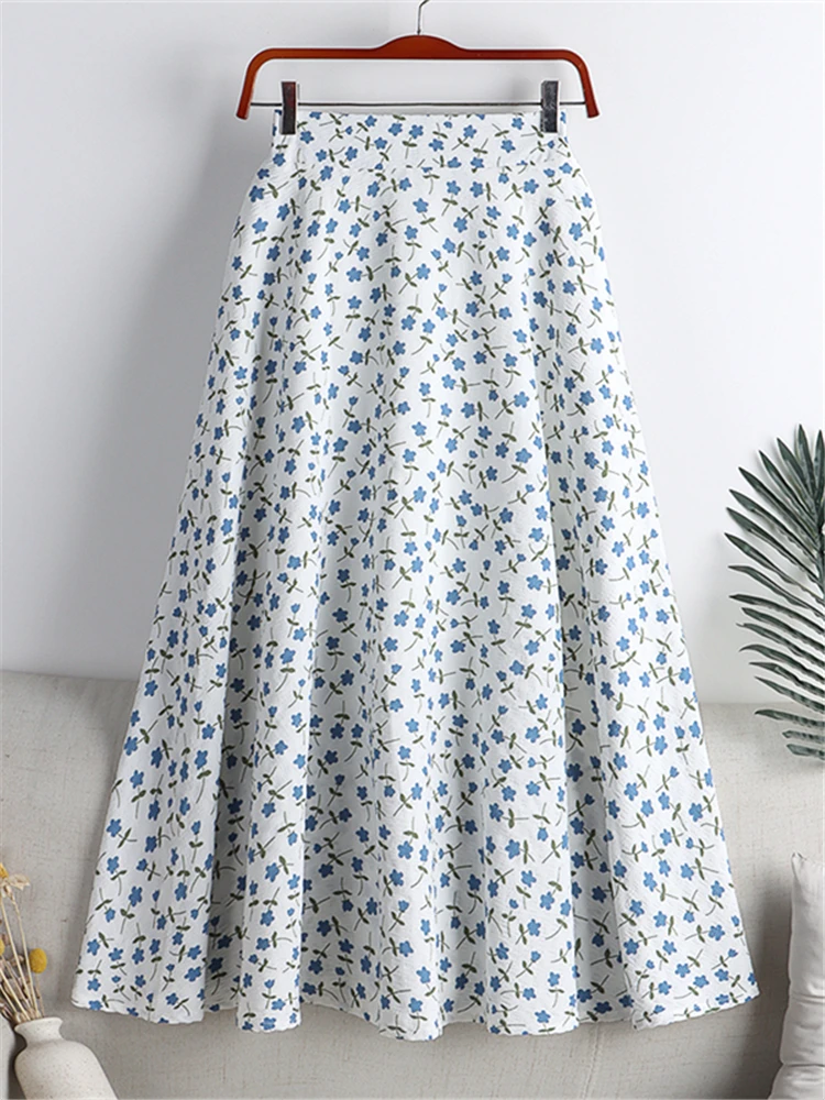 REALEFT New Stylish Floral Printed Tulle Mi-long Women Skirts High Waist Loose Female Umbrella Skirts Ladies Spring Summer