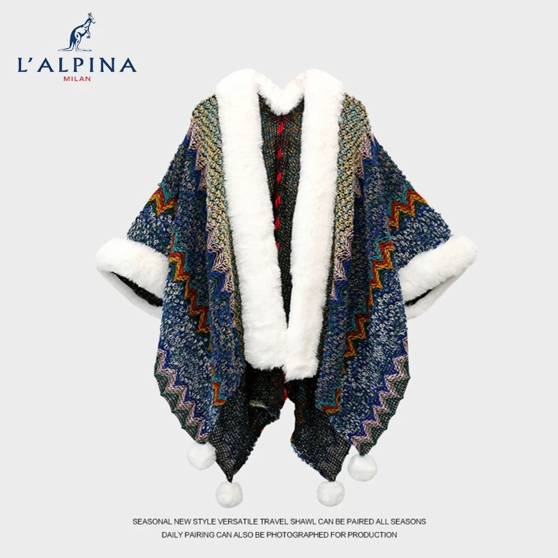 

Tribal Ethnic Style Knitted Shawl Women's Scarf Winter Plus Velvet Travel Outer Contrast Color Loose Ponchos Fashionable Cloak