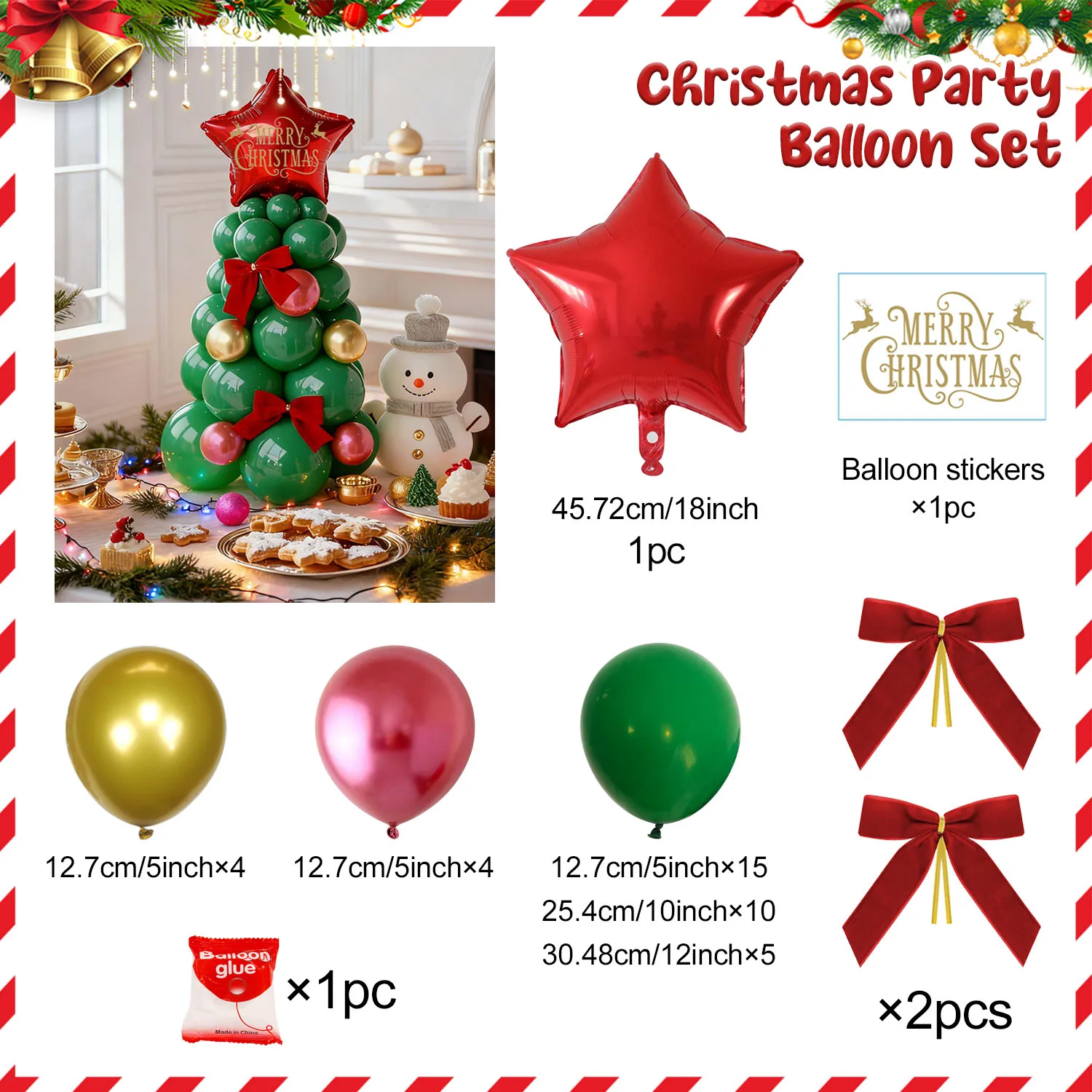 مجموعة بالونات على شكل شجرة عيد الميلاد، ملصقات عيد الميلاد، فيونكة مخملية، بالونات حمراء خضراء لتزيين عيد الميلاد ورأس السنة الجديدة #6