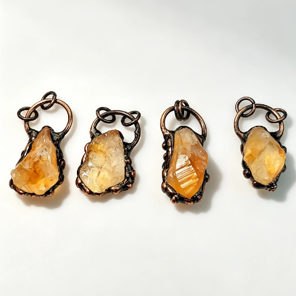 1PC Electroformed Rough Citrine Charm Natural Raw Mineral Pendant Vintage Handmade Necklace Ornament Golden Plated P2D1094