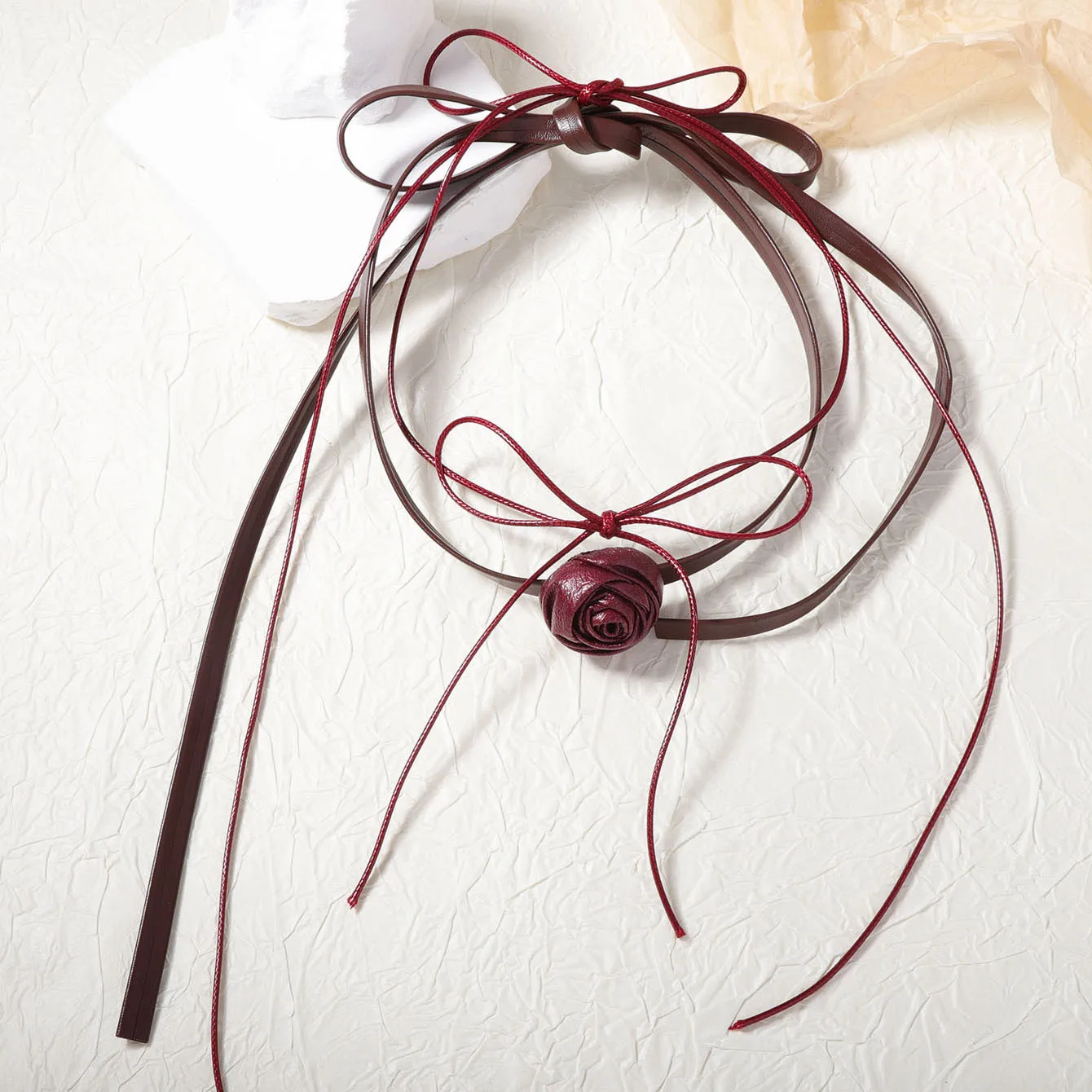 ZAA Red Rose Flower Pendant Necklaces for Women 2024 Trend Long Multilayer Vintage Leather Rope Chain Neck Jewelry