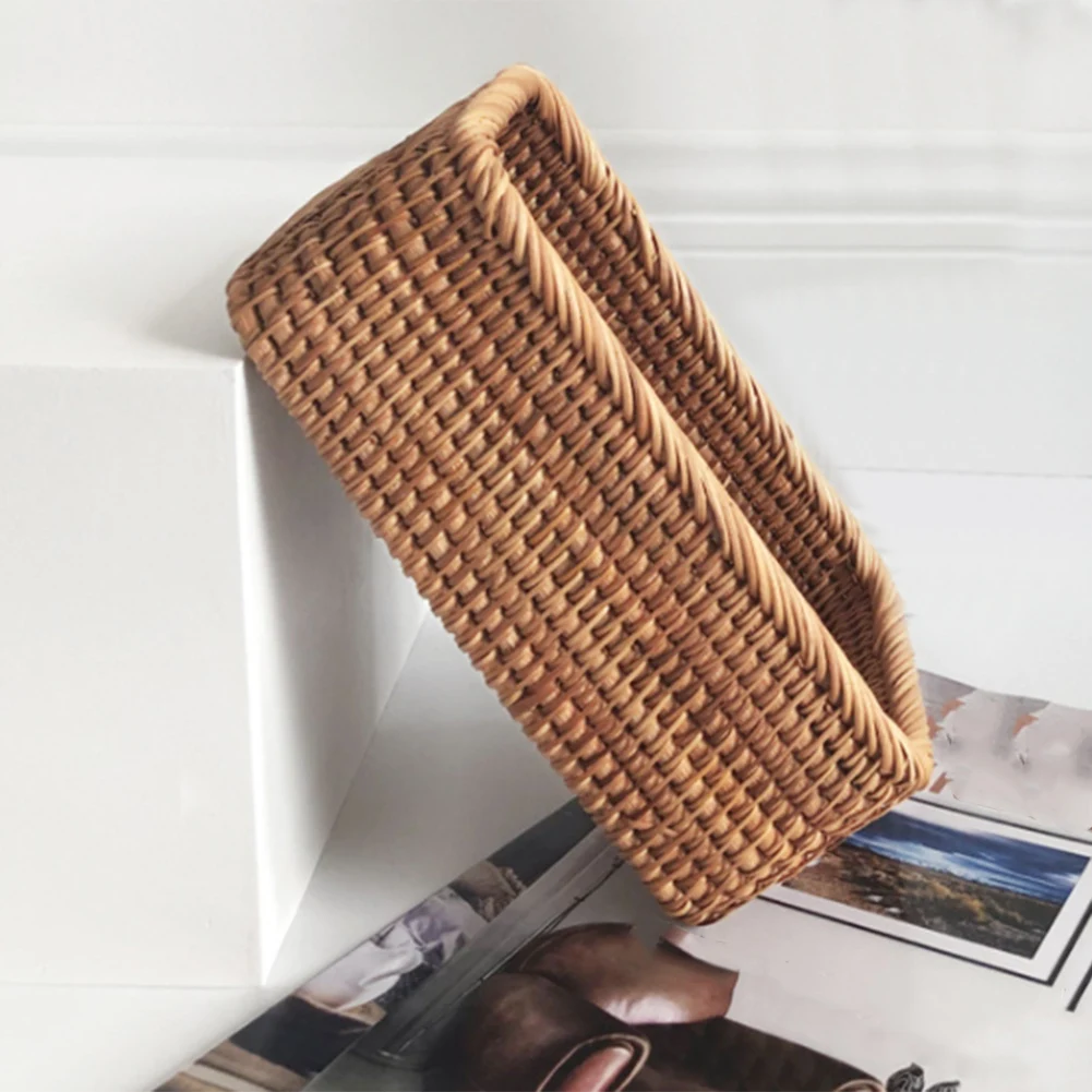 Hand-Woven Rectangular Rattan Wicker Basket Fruit Tea Snack Bread Picnic Cosmetic Storage Box Kitchen Household Tools-L