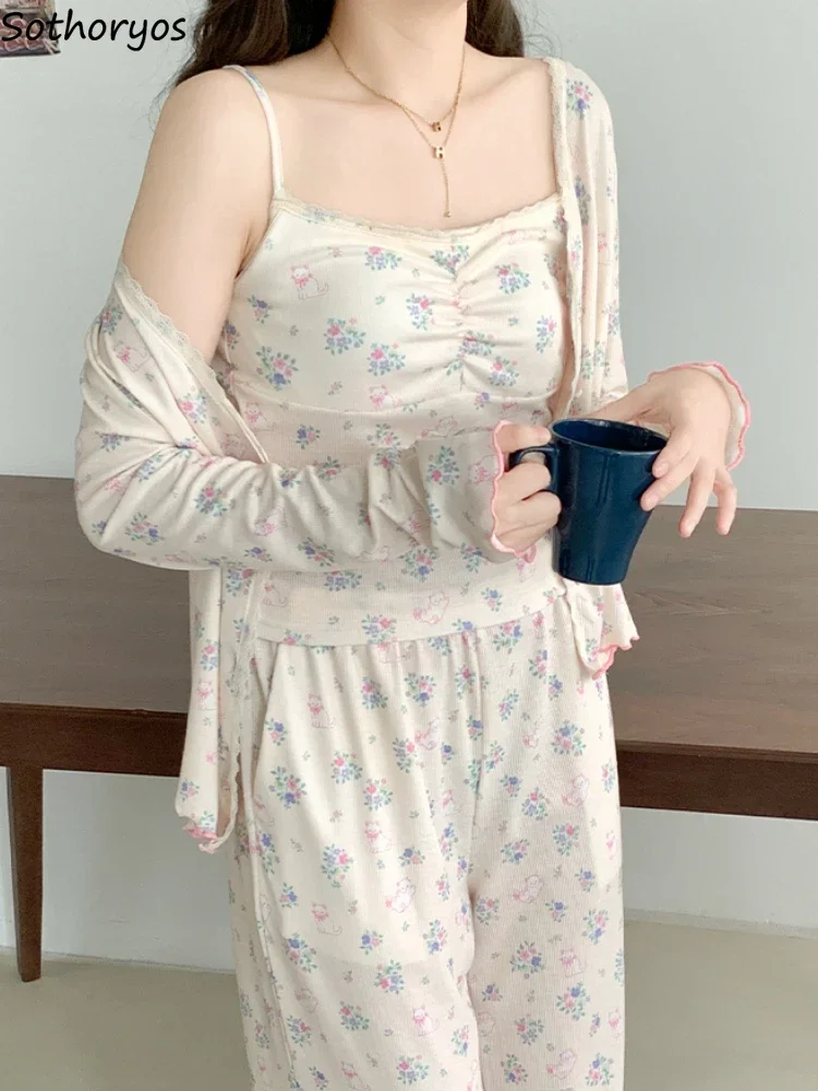 

Floral Pajama Sets Women Soft Home Padded Sleepwear Ulzzang Sweet Fashion Spring Autumn Daily Lounge Aesthetic College 3 Pcs New