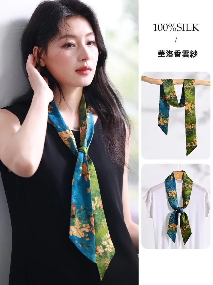 シルクスカーフネクタイ-本物のシルク-祥雲組織刺繍-両面ヘビーウェイト杭州シルクショール-多機能花柄女性用アクセサリー