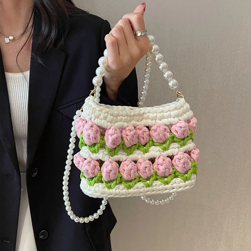 Handcrafted Pearl Women's Crossbody Bag DIY Material Kit Tulip Pattern Fabric Strip Line Fairy Tale Style Handbag Cotton Canvas
