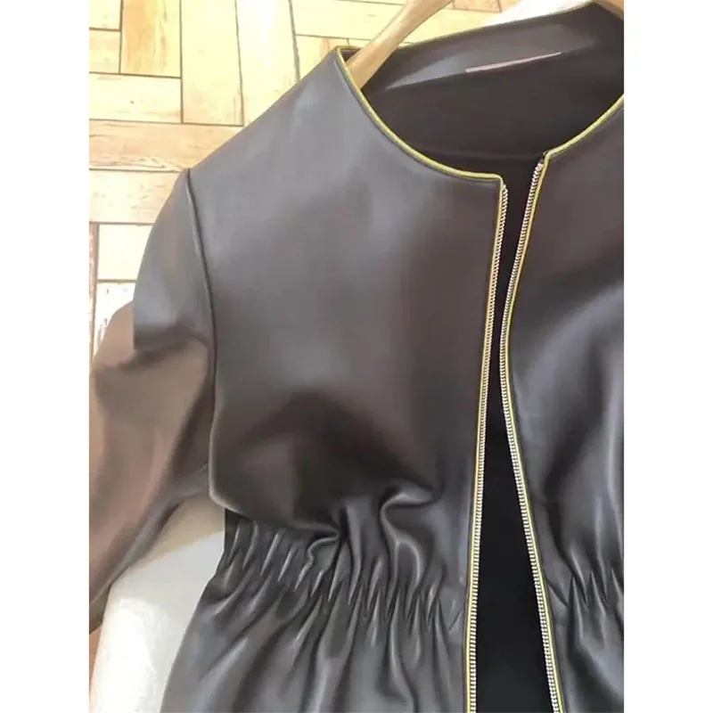 Veste en cuir noir rétro pour femme, col rond, décontracté, design de mode, fouet, manteau en cuir doux avec fermeture éclair, haut féminin, printemps, automne, 2024