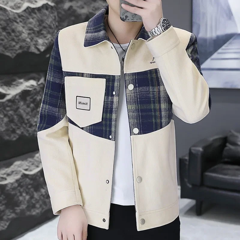 

Autumn Checkered Patchwork Jacket for Men Long Sleeved Casual Coats Versatile Outwear Social Streetwear Windbreaker Korean