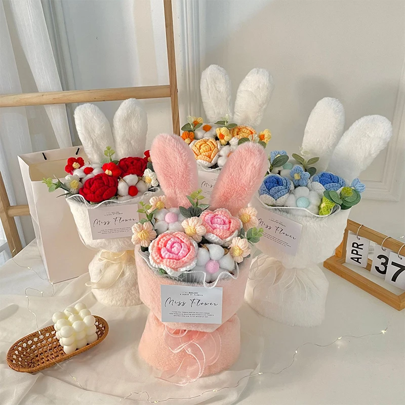 Artificial Roses Knitted Bouquet Handmade Wool Rabbit Ears Holding Bouquets Christmas Valentine Mothers' Day Birthday Gifts