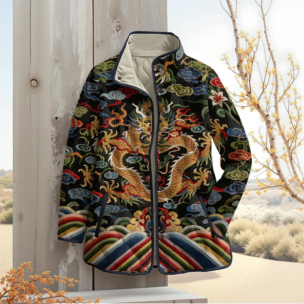 سترة دافئة مطبوعة على شكل سحابة التنين الصيني التقليدي بياقة واقفة ونمط آسيوي عتيق مثالية لمحبي الموضة الثقافية والملابس الخارجية