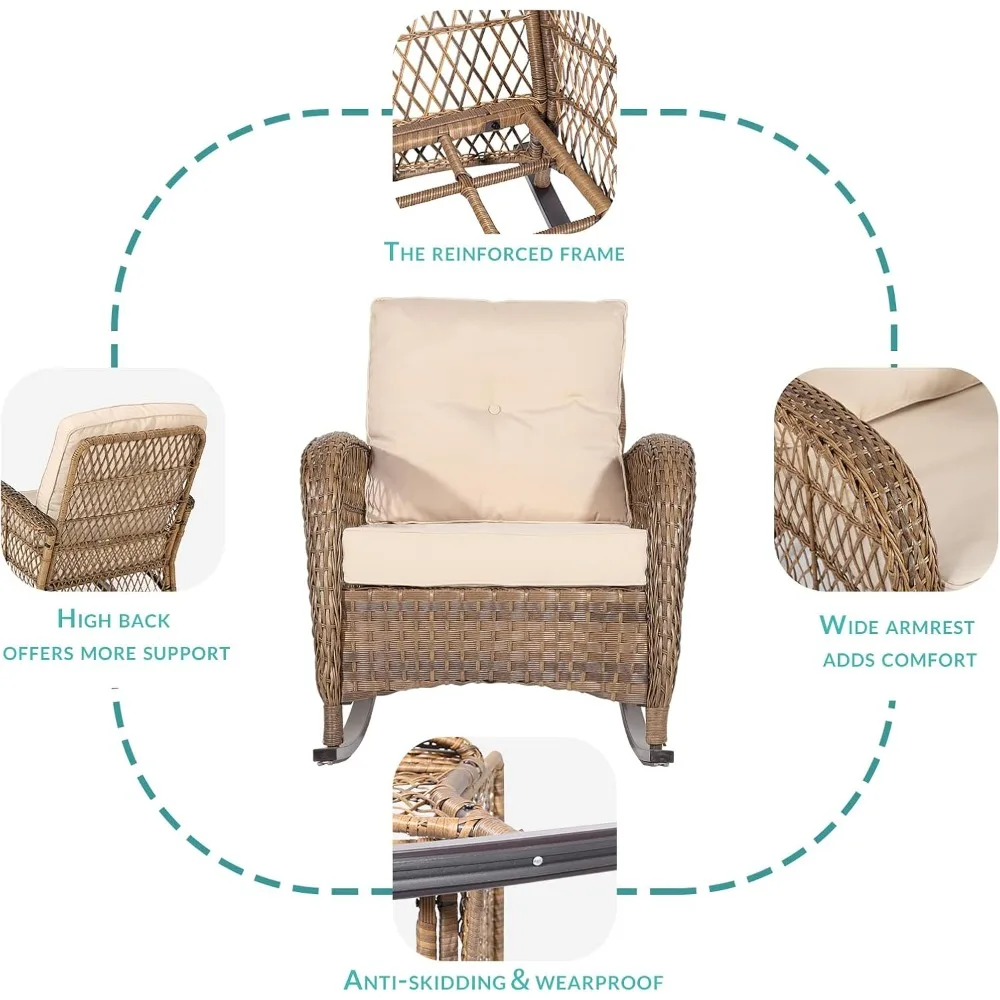 3 Piece Outdoor Wicker Rocking Chair Set with Cushions and Glass Top Coffee Table Rattan Patio Rocking Chair Set