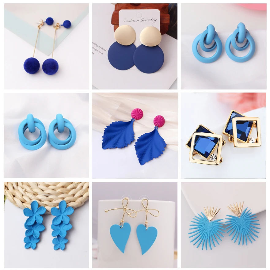 Pendientes colgantes de Color azul para mujer, aretes redondos de Metal, flor, hoja, Gema de cristal, estrella, joyería dulce para fiesta de boda,