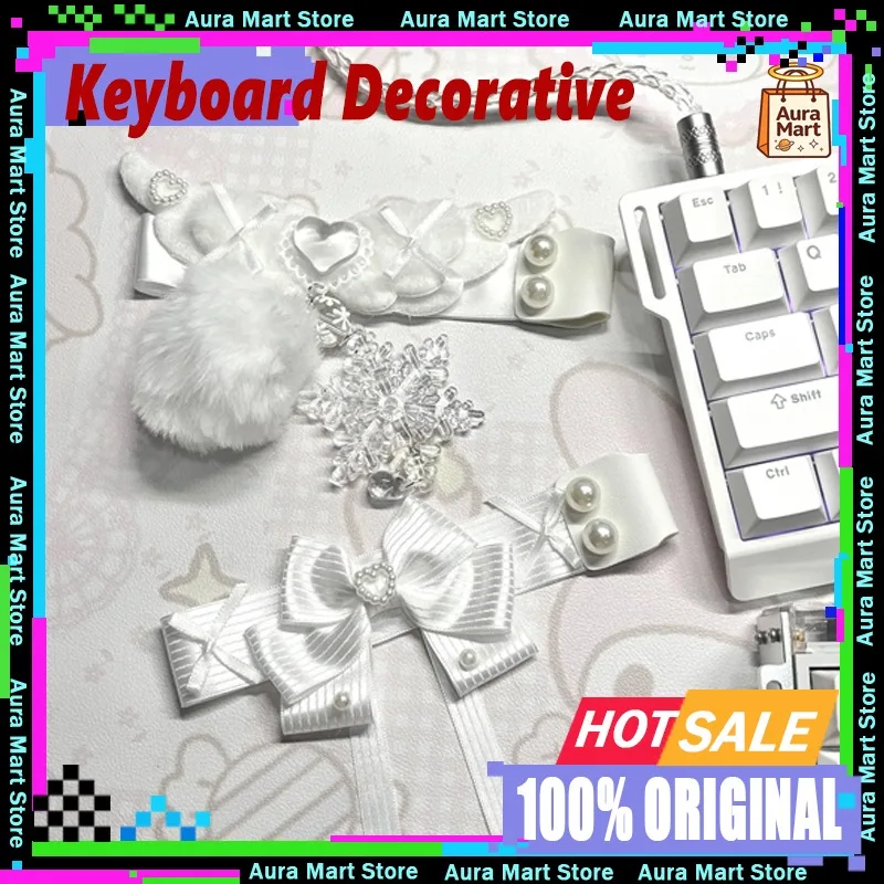 White Wings Themed Keyboard Ribbon Original Handmade Snowflake Fluffy Ball Strap for Mechanical Keyboard Decorative Gift