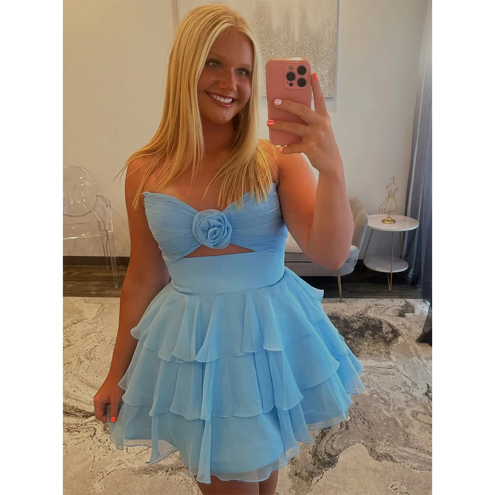 

MVOZEIN Chiffon Blue Homecoming Dress A-Line Layers Short Prom Dresses Strapless Cocktail Dresses Above KneeParty Dress