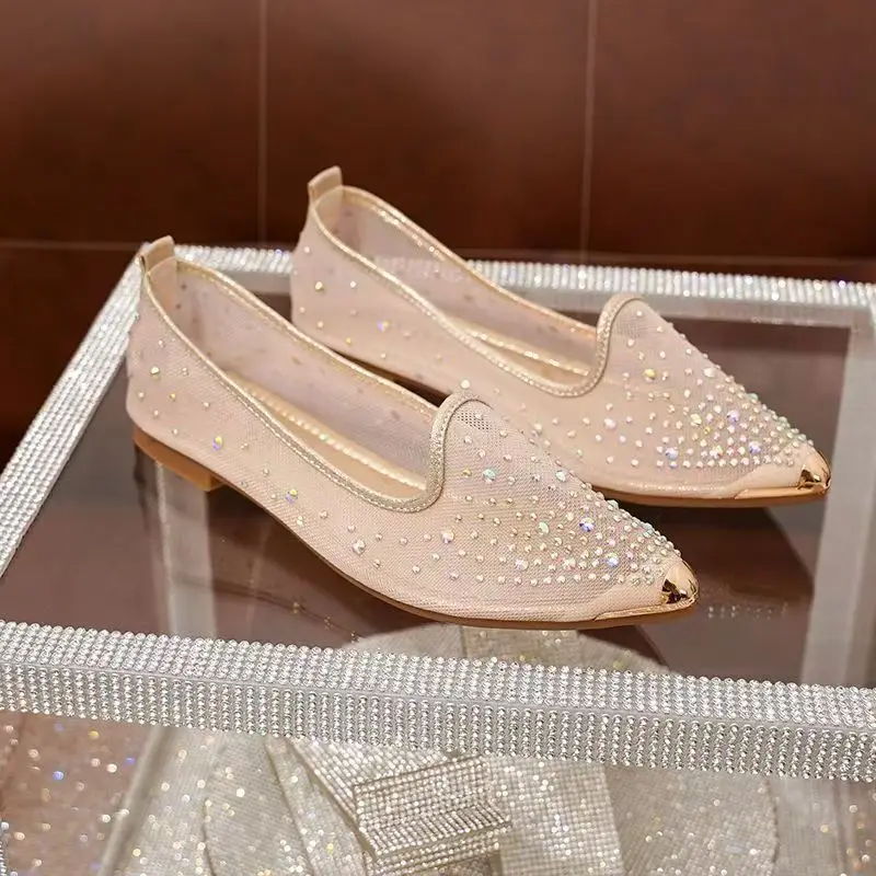 Women Summer New Mesh Rhinestone Flat sole Shoes summer New Soft Sole Non Slip Pointed Toe Shallow Slip On Nude Shoes Sandals