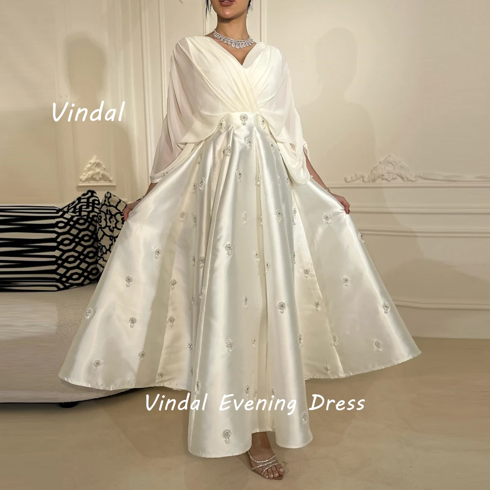 Vindal Ankle length V-Neck Fashion luxurious A-Line Beaded Chiffon Breast Padding Elegant Short Sleeves السعود For Woman 2024