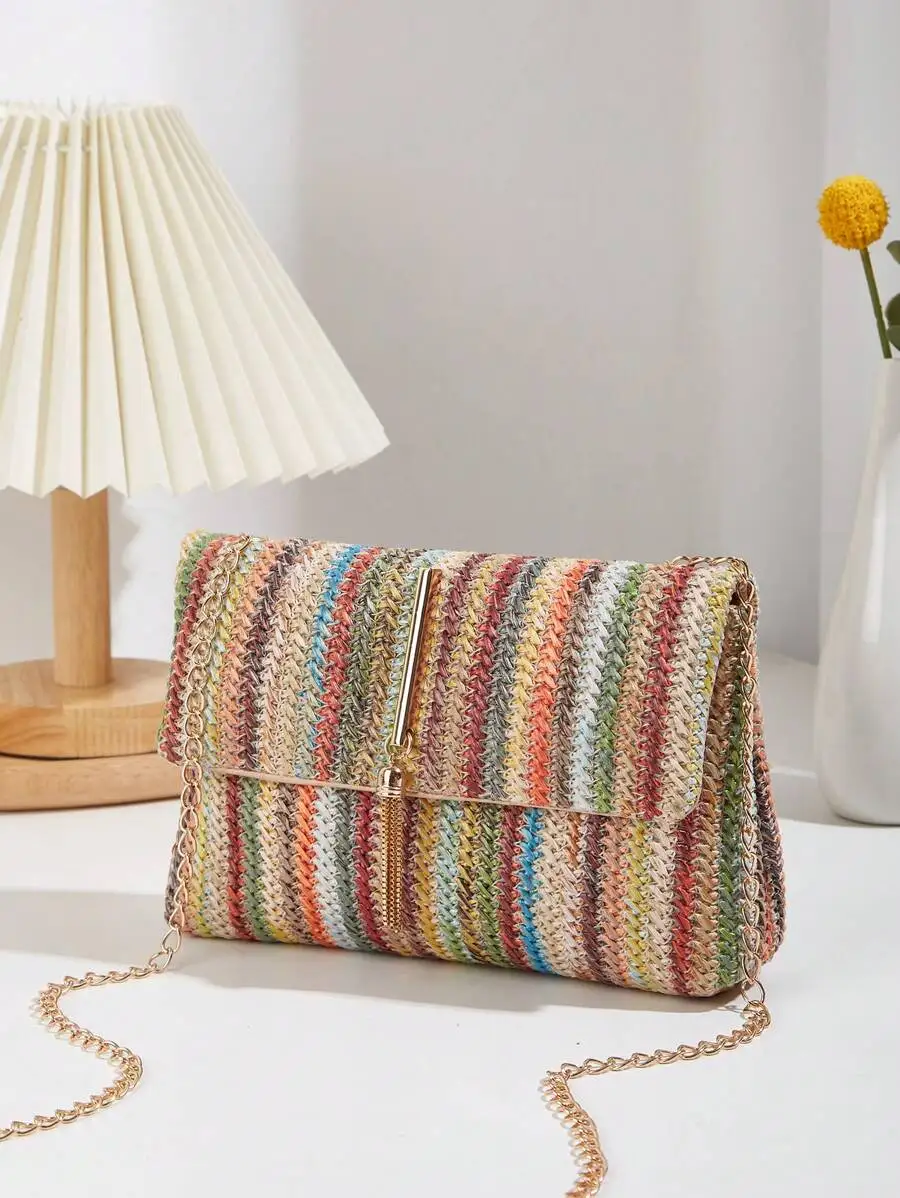 

Colorful Striped Woven Bohemian Style Crossbody Bag With Chain Strap