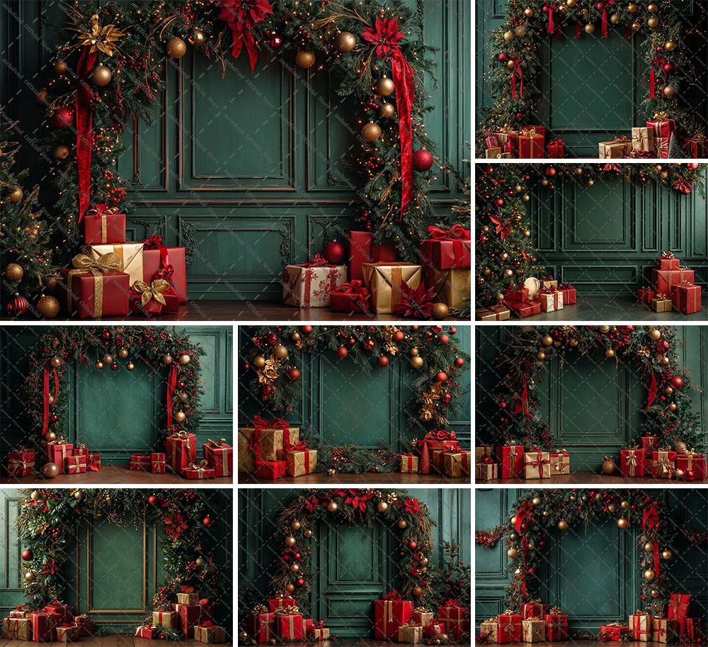 mehofond-fotografia-fundo-natal-vintage-painel-verde-parede-presentes-natal-criancas-familia-retrato-decoracao-pano-de-fundo-estudio-foto