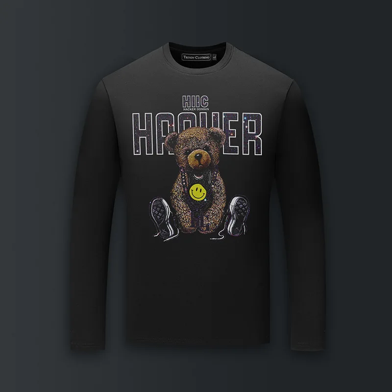 

High Quality O Neck Long Sleeve T Shirts Men Cartoon Bear Rhinestones Fashion Streetwear Modal Cotton Slim Tshirts Mens Clothing