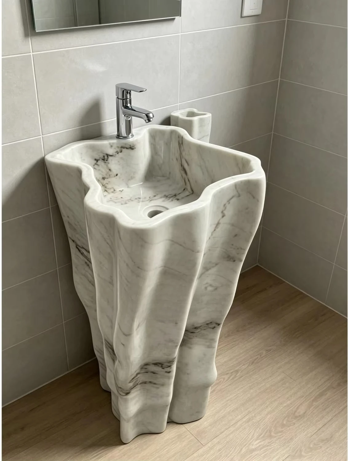 #￥Wholesale Modern Natural  White Marble Sink  Basin Free Standing Lavatory  Wash Basin for Hotel  Home Bathroom Use