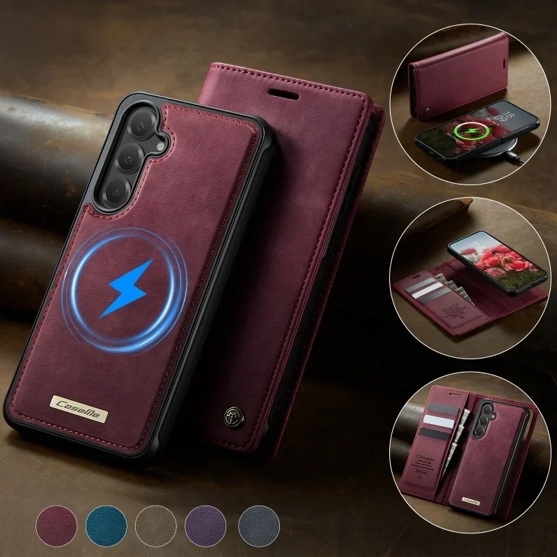 삼성 갤럭시 S25 엣지 S24 FE S23 플러스 S22 울트라 S21 S20 플립 커버용 마그네틱 무선 충전 가죽 지갑형 폰 케이스